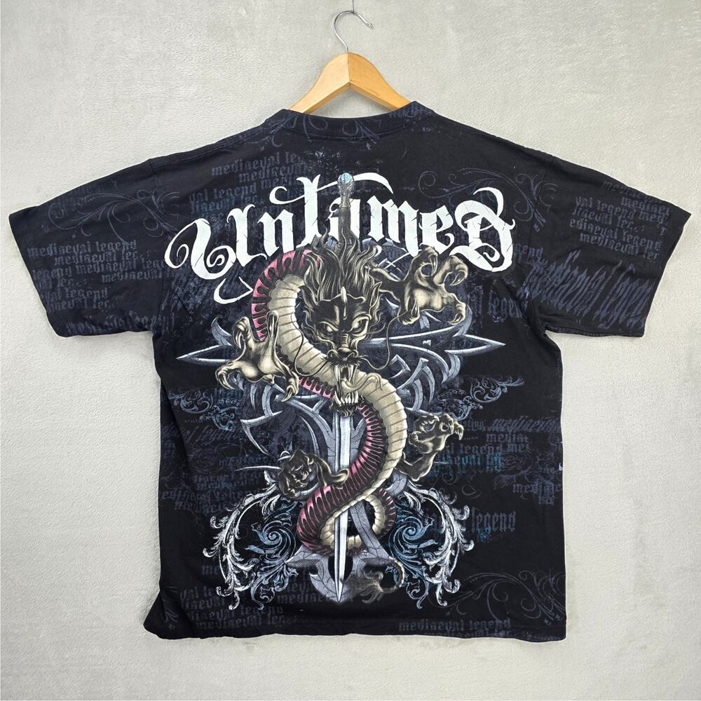 Vintage Untamed Dragon Cross Shirt XL Y2K Cyber Mall Goth Grunge Affliction AOP